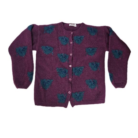 90s Skyr Purple Wool Cardigan Chunky Knit Sweater Autumn Large Cottage Granny - Picture 1 of 6